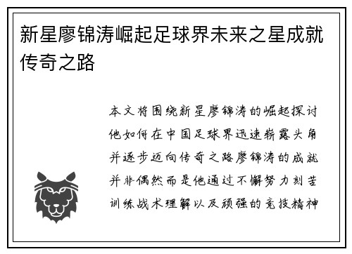 新星廖锦涛崛起足球界未来之星成就传奇之路