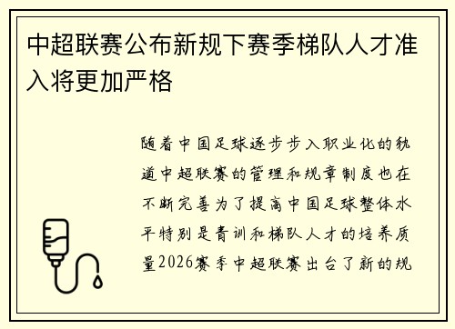 中超联赛公布新规下赛季梯队人才准入将更加严格