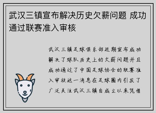 武汉三镇宣布解决历史欠薪问题 成功通过联赛准入审核